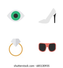 Vector Illustration Set Of Simple Instrument Icons. Elements Heel, Eye Accessory, Engagement And Other Synonyms Vision, Accessory And Footwear.