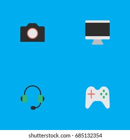 Vector Illustration Set Of Simple Instrument Icons. Elements Screen, Microphone, Gamepad And Other Synonyms Gamepad, Display And Monitor.