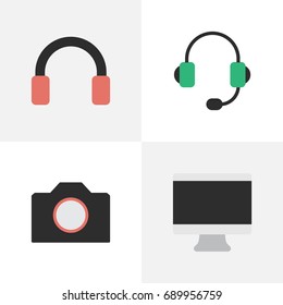 Vector Illustration Set Of Simple Instrument Icons. Elements Headphone, Photo Apparatus, Screen And Other Synonyms Screen, Headset And Photo.