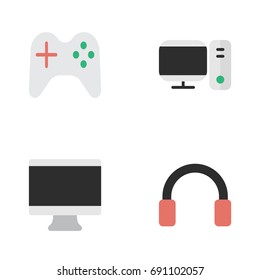 Vector Illustration Set Of Simple Instrument Icons. Elements Headphone, Gamepad, Screen And Other Synonyms PC, Display And Gamepad.