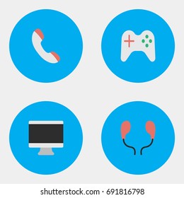 Vector Illustration Set Of Simple Instrument Icons. Elements Earphone, Telephone, Gamepad And Other Synonyms Telephone, Headphone And Gamepad.