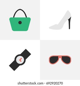 Vector Illustration Set Of Simple Instrument Icons. Elements Wristwatch, Sunglasses, Woman Bag And Other Synonyms Handbag, Sunglasses And Eye.