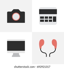 Vector Illustration Set Of Simple Instrument Icons. Elements Accounting, Screen, Photo Apparatus And Other Synonyms Screen, Earmuff And Calculator.