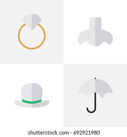 Vector Illustration Set Of Simple Instrument Icons. Elements Engagement, Headgear, Parasol And Other Synonyms Umbrella, Scent And Wear.