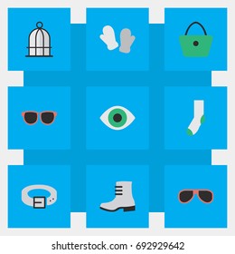 Vector Illustration Set Of Simple Instrument Icons. Elements Woman Bag, Strap, Glasses And Other Synonyms Eye, Prison And Sock.