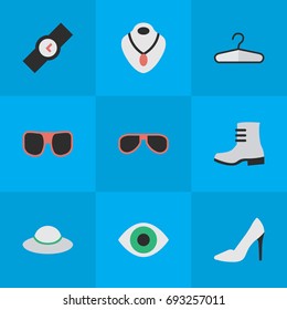 Vector Illustration Set Of Simple Instrument Icons. Elements Wristwatch, Clothes Hook, Sunglasses And Other Synonyms Vision, Choker And Glasses.