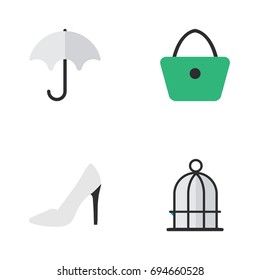 Vector Illustration Set Of Simple Instrument Icons. Elements Birdcage, Heel, Woman Bag And Other Synonyms Shoe, Cage And Heel.