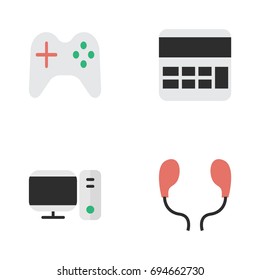 Vector Illustration Set Of Simple Instrument Icons. Elements Earphone, Accounting, PC And Other Synonyms Monitor, Calculate And Joystick.