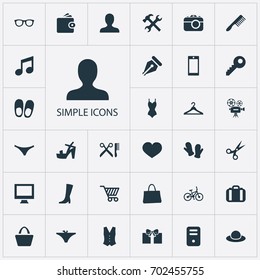 Vector Illustration Set Of Simple Instrument Icons. Elements Underwear, Cinematography, Music And Other Synonyms Bicycle, Tools And Ink.