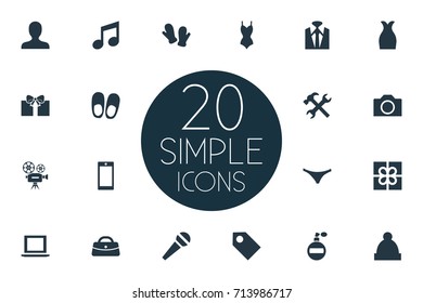 Vector Illustration Set Of Simple Instrument Icons. Elements Tuxedo, Microphone, Person And Other Synonyms Apparatus, Gauntlet And Underpants.