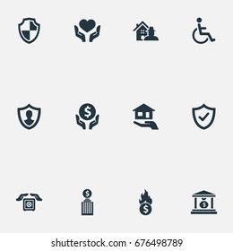 Vector Illustration Set Of Simple Insurance Icons. Elements Investment, Estate, Heart In Hand Synonyms Virus, Protect And Thief.