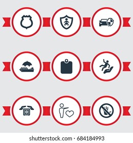 Vector Illustration Set Of Simple Insurance Icons. Elements Protected Vehicle, Safe Shipping, Police Badge And Other Synonyms Shield, Heart And Strongbox.