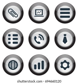 Vector Illustration Set Of Simple Interaction Icons. Elements Tasks, Cogwheel, Cravat And Other Synonyms List, Increase And Reminder.