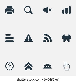 Vector Illustration Set Of Simple Interface Icons. Elements Network, Printer, Team And Other Synonyms Bar, Attention And Construction.