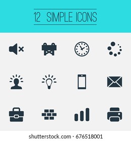 Vector Illustration Set Of Simple Interface Icons. Elements Downloading, Network, Clock And Other Synonyms Suitcase, Idea And Email.