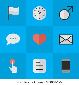 Vector Illustration Set Of Simple Interface Icons. Elements Mobile Phone, Flag, Message Bubble And Other Synonyms Watch, Red And Sign.