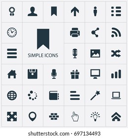 Vector Illustration Set Of Simple Interface Icons. Elements Present, Diskette, Constructing And Other Synonyms Laptop, Cursor And Earth.
