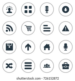Vector Illustration Set Of Simple Interface Icons. Elements Wireless Connection, Menu, Randomize Synonyms Diskette, Options And Disk.