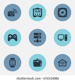 Vector Illustration Set Of Simple Internet Icons. Elements Electric Stove, Wrist Device, Desktop And Other Synonyms Megaphone, Photo And Smart.