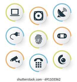 Vector Illustration Set Of Simple Internet Icons. Elements Call, Fingerprint, Antenna And Other Synonyms Speaker, Iot And Surveillance.