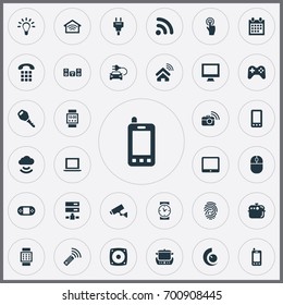 Vector Illustration Set Of Simple Internet Icons. Elements Game Controller, Surveillance, Date Block And Other Synonyms Things, Identification And Internet.