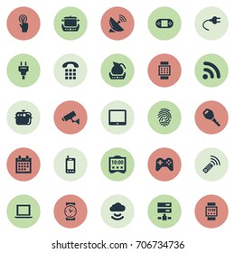 Vector Illustration Set Of Simple Internet Icons. Elements Antenna, Teapot, Datacenter And Other Synonyms Thumbprint, Oven And Display.