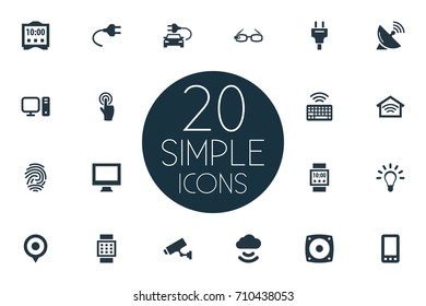 Vector Illustration Set Of Simple Internet Icons. Elements Socket, Smart Watch, Bulb And Other Synonyms Speaker, Storage And Connection.