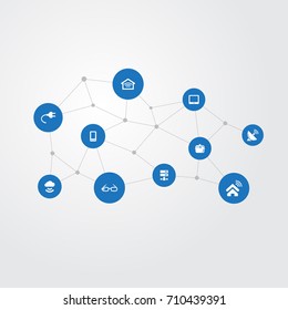 Vector Illustration Set Of Simple Internet Icons. Elements Wireless Connection, Touchpad, Datacenter And Other Synonyms Spectacles, Cloud And Connection.