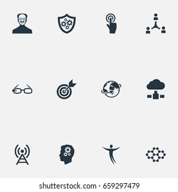 Vector Illustration Set Of Simple Invention Icons. Elements Click, Hi-Tech Spectacles, Mind And Other Synonyms Mind, Happy And Tower.