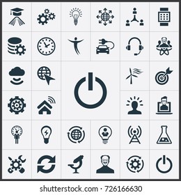 Vector Illustration Set Of Simple Invention Icons. Elements Optical Instrument, Broadcast, Change And Other Synonyms Physicist, Reload And Flask.