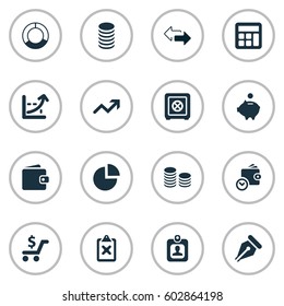 Vector Illustration Set Of Simple Investment Icons. Elements Piggy Bank, Nib, Two Directions And Other Synonyms Billfold, Cross And Safety.