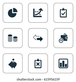 Vector Illustration Set Of Simple Investment Icons. Elements Supervision List, Piggy Bank, Rate And Other Synonyms Growth, Discount And Saving.
