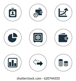 Vector Illustration Set Of Simple Investment Icons. Elements Strongbox, Wallet, Progress And Other Synonyms Progress, Growth And Discount.