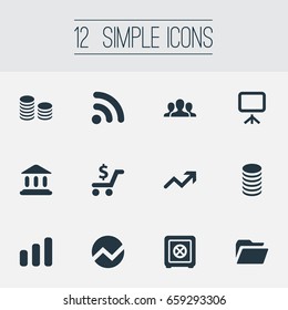 Vector Illustration Set Of Simple Investment Icons. Elements Company, Presentation Screen, Wireless Connection And Other Synonyms Wifi, Payment And Locked.