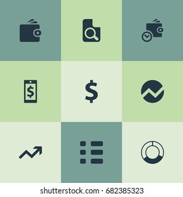 Vector Illustration Set Of Simple Investment Icons. Elements Circle Diagram, Money, Statistic And Other Synonyms Circle, Wallet And Search.