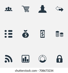 Vector Illustration Set Of Simple Investment Icons. Elements Line Chart, Circle Diagram, Wireless Connection And Other Synonyms Circle, Index And Discount.