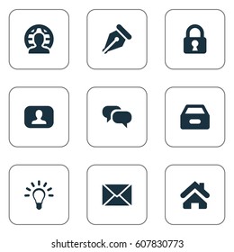Vector Illustration Set Of Simple Job Icons. Elements Human, Home, Dossier And Other Synonyms Sign, Inbox And Nib.