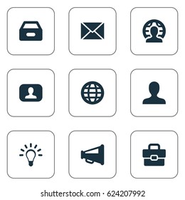 Vector Illustration Set Of Simple Job Icons. Elements World, Dossier, Representative And Other Synonyms Loudspeaker, World And Global.