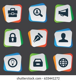 Vector Illustration Set Of Simple Job Icons. Elements Magnifier, Nib, Padlock And Other Synonyms Suitcase, Incognito And Megaphone.