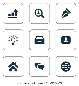 Vector Illustration Set Of Simple Job Icons. Elements Nib, Home, Magnifier And Other Synonyms Bulb, Web And Lamp.