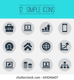 Vector Illustration Set Of Simple Job Icons. Elements World, Increase, Analytical Report And Other Synonyms Organisation, Portfolio And Report.