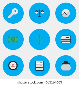 Vector Illustration Set Of Simple Job Icons. Elements Justice, Opening, Pay And Other Synonyms Chest, Drawer And Locker.