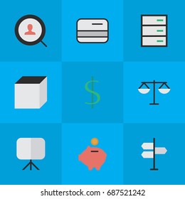 Vector Illustration Set Of Simple Job Icons. Elements Moneybox, Drawer, Direction And Other Synonyms Balance, Drawer And Signpost.