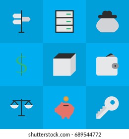 Vector Illustration Set Of Simple Job Icons. Elements Dollar, Wallet, Opening And Other Synonyms Key, Square And Chest.