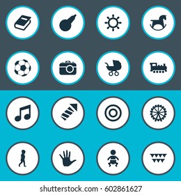 Vector Illustration Set Of Simple Kid Icons. Elements Melody, Pony, Board And Other Synonyms Moments, Clyster And Infant.