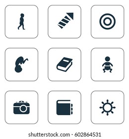 Vector Illustration Set Of Simple Kid Icons. Elements Board, Kid, Start Walk And Other Synonyms Child, First And Moments.