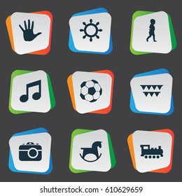 Vector Illustration Set Of Simple Kid Icons. Elements Melody, Camera, Palm And Other Synonyms Direction, Carnaval And Finger.