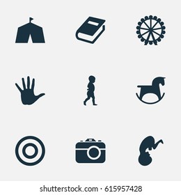 Vector Illustration Set Of Simple Kid Icons. Elements Start Walk, Pony, Ferris Wheel And Other Synonyms Dictionary, Show And Board.