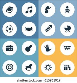 Vector Illustration Set Of Simple Kid Icons. Elements Pony, Fetus, Kid And Other Synonyms Carnaval, Musical And Sport.