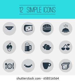 Vector Illustration Set Of Simple Kitchen Icons. Elements Bread, Oven Gloves, Catering And Other Synonyms Sandwich, Fruits And Beer.